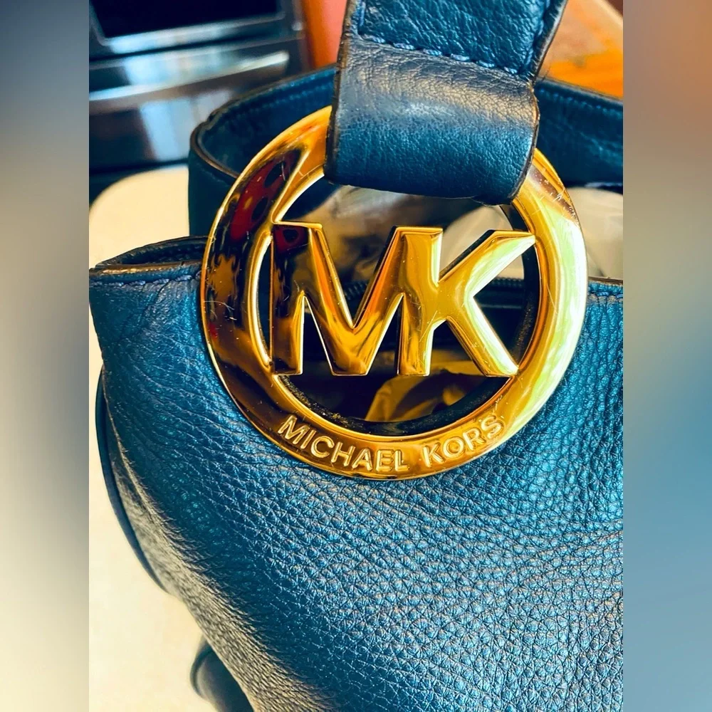 MICHAEL KORS Fulton Blue Pebble Leather Gold MK Logo Hobo Shoulder Bag, EUC